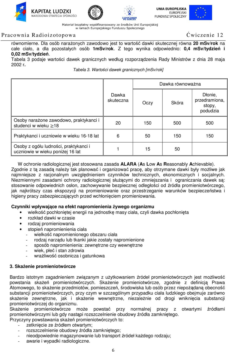 podaje wartości dawek granicznych według rozporządzenia Rady Ministrów z dnia 28 maja 2002 r. Tabela 3.