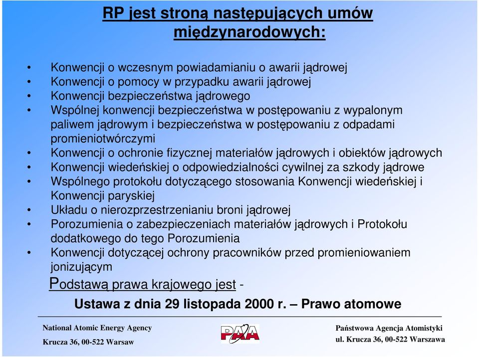 jądrowych Konwencji wiedeńskiej o odpowiedzialności cywilnej za szkody jądrowe Wspólnego protokołu dotyczącego stosowania Konwencji wiedeńskiej i Konwencji paryskiej Układu o nierozprzestrzenianiu