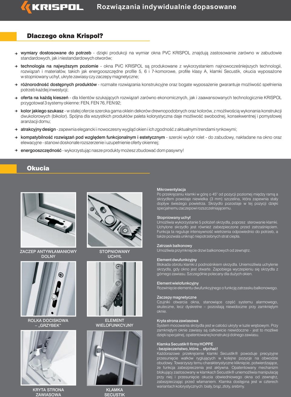 poziomie - okna PVC KRISPOL są produkowane z wykorzystaniem najnowocześniejszych technologii, rozwiązań i materiałów, takich jak energooszczędne profile 5, 6 i 7-komorowe, profile klasy A, klamki