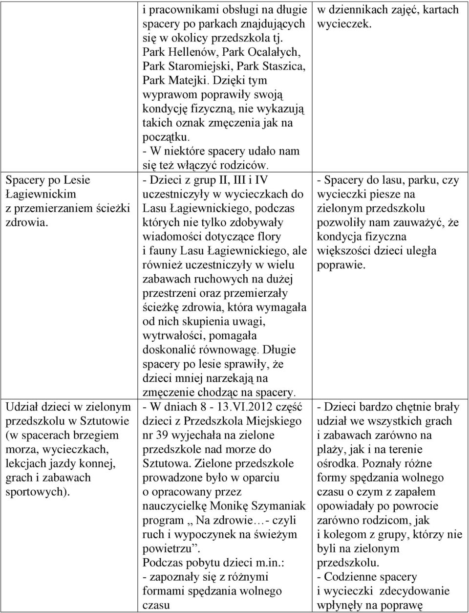 i pracownikami obsługi na długie spacery po parkach znajdujących się w okolicy przedszkola tj. Park Hellenów, Park Ocalałych, Park Staromiejski, Park Staszica, Park Matejki.