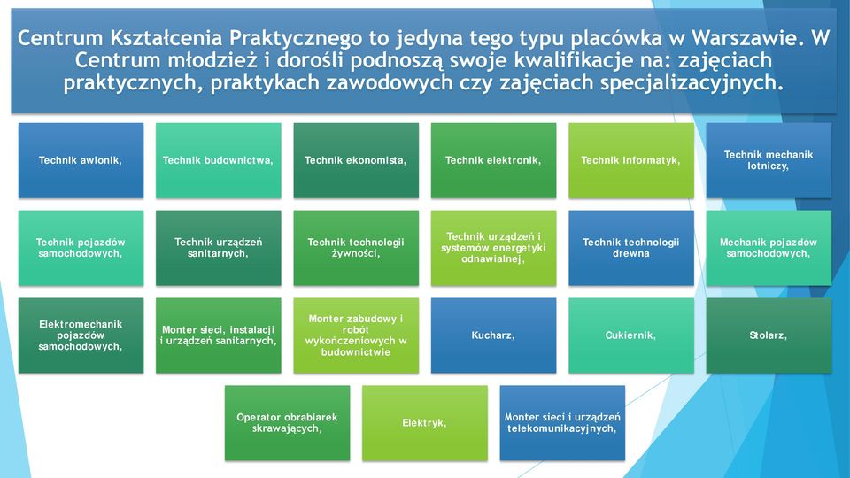 Technik awionik, Technik budownictwa, Technik ekonomista, Technik elektronik, Technik informatyk, Technik mechanik lotniczy, Technik pojazdów samochodowych, Technik urządzeń sanitarnych, Technik