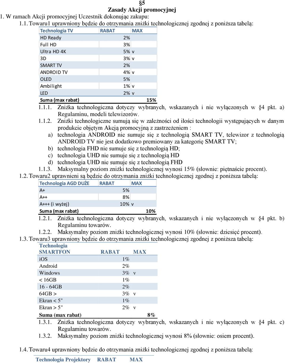 1. Towaru1 uprawniony będzie do otrzymania zniżki technologicznej zgodnej z poniższa tabelą: Technologia TV RABAT MAX HD Ready 2% Full HD 3% Ultra HD 4K 5% v 3D 3% v SMART TV 2% ANDROID TV 4% v OLED