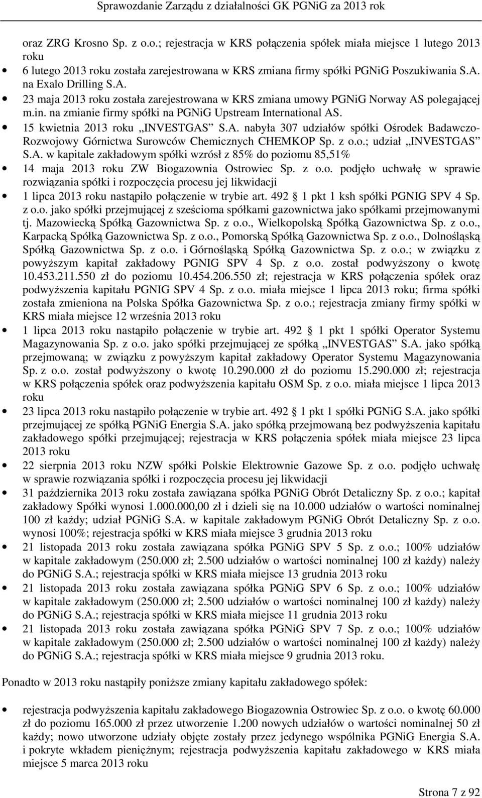 15 kwietnia 2013 roku INVESTGAS S.A. nabyła 307 udziałów spółki Ośrodek Badawczo- Rozwojowy Górnictwa Surowców Chemicznych CHEMKOP Sp. z o.o.; udział INVESTGAS S.A. w kapitale zakładowym spółki wzrósł z 85% do poziomu 85,51% 14 maja 2013 roku ZW Biogazownia Ostrowiec Sp.