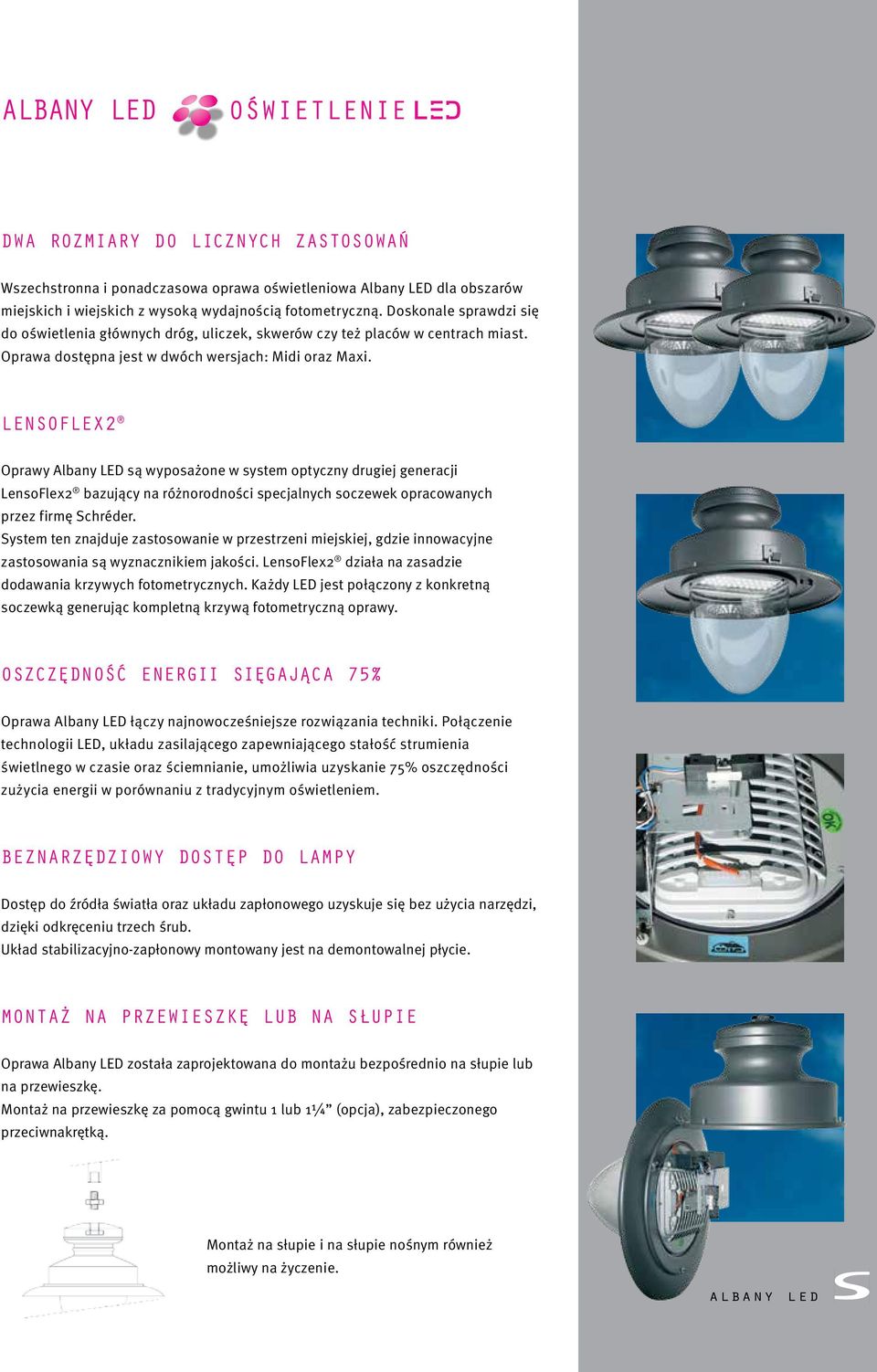 LENSOFLEX2 Oprawy Albany LED są wyposażone w system optyczny drugiej generacji LensoFlex2 bazujący na różnorodności specjalnych soczewek opracowanych przez firmę Schréder.