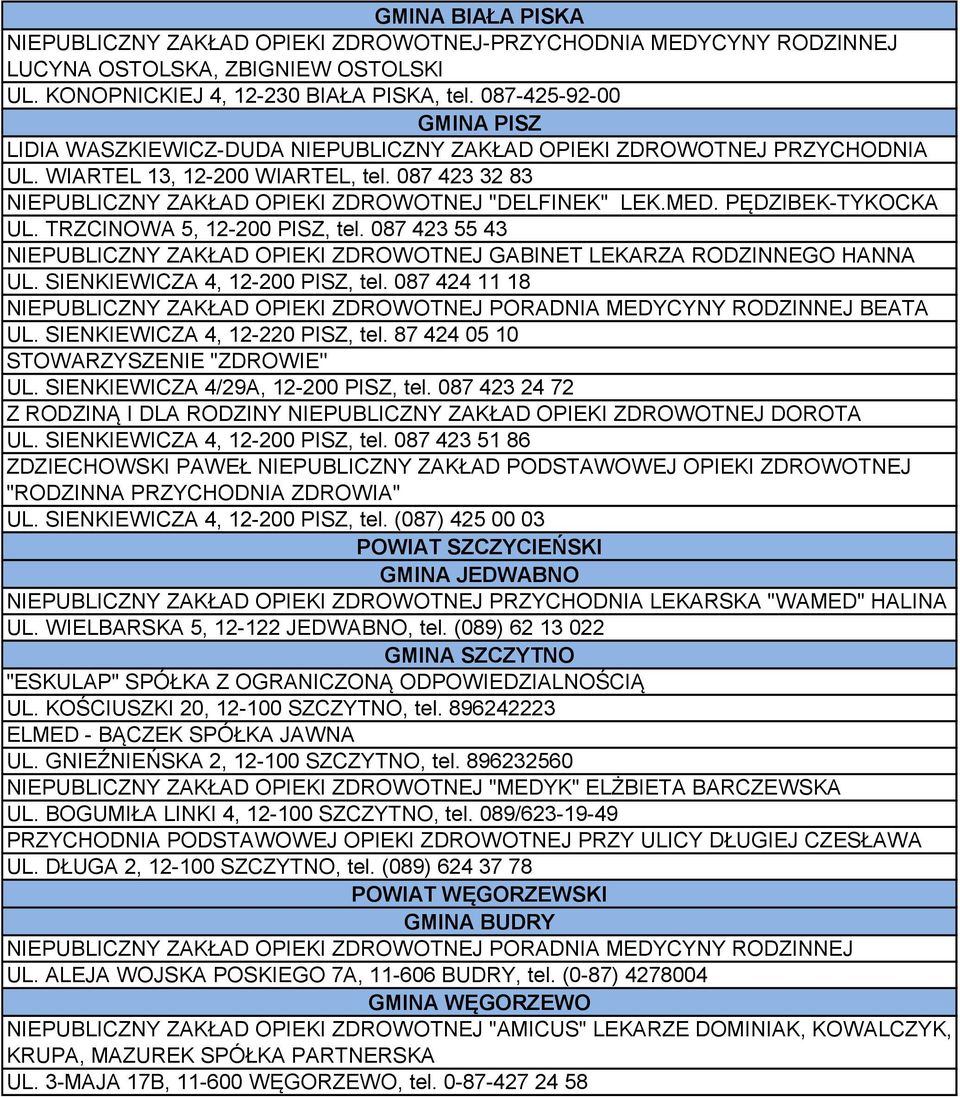 087 423 32 83 NIEPUBLICZNY ZAKŁAD OPIEKI ZDROWOTNEJ "DELFINEK" LEK.MED. PĘDZIBEK-TYKOCKA UL. TRZCINOWA 5, 12-200 PISZ, tel.