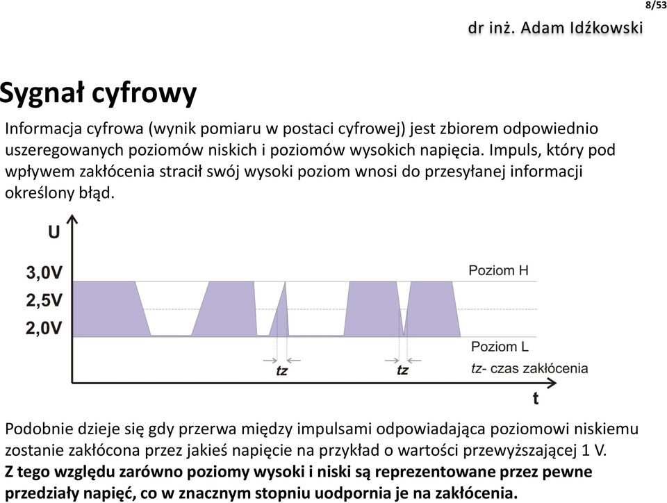 Podobnie dzieje się gdy przerwa między impulsami odpowiadająca poziomowi niskiemu zostanie zakłócona przez jakieś napięcie na przykład o wartości