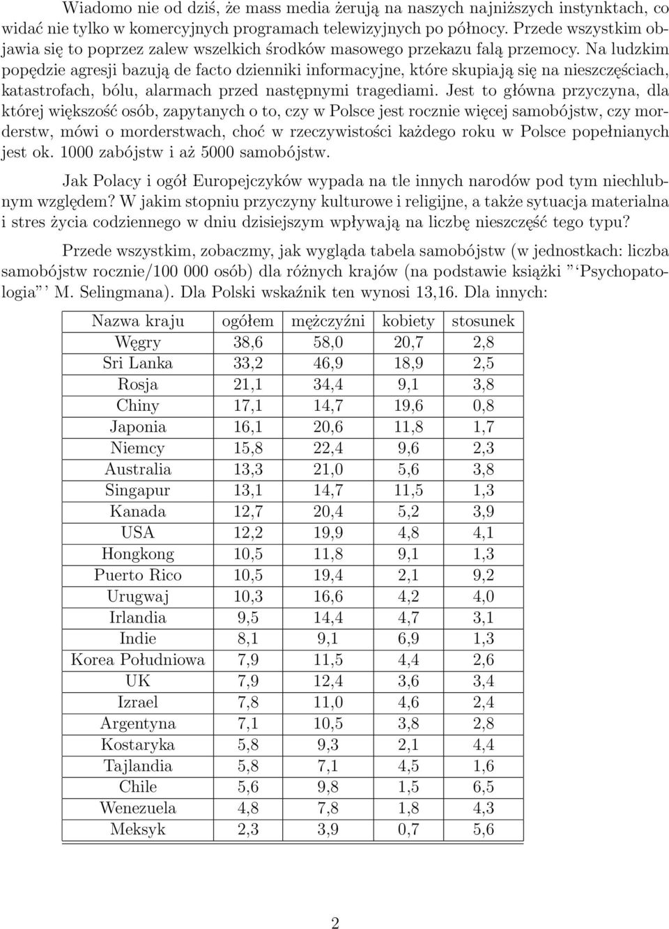 Na ludzkim popędzie agresji bazują de facto dzienniki informacyjne, które skupiają się na nieszczęściach, katastrofach, bólu, alarmach przed następnymi tragediami.