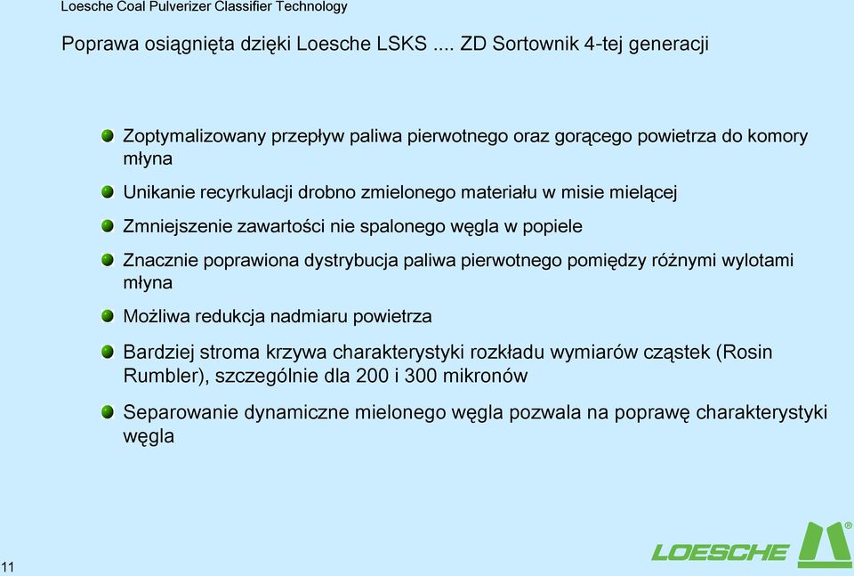 zmielonego materiału w misie mielącej Zmniejszenie zawartości nie spalonego węgla w popiele Znacznie poprawiona dystrybucja paliwa pierwotnego