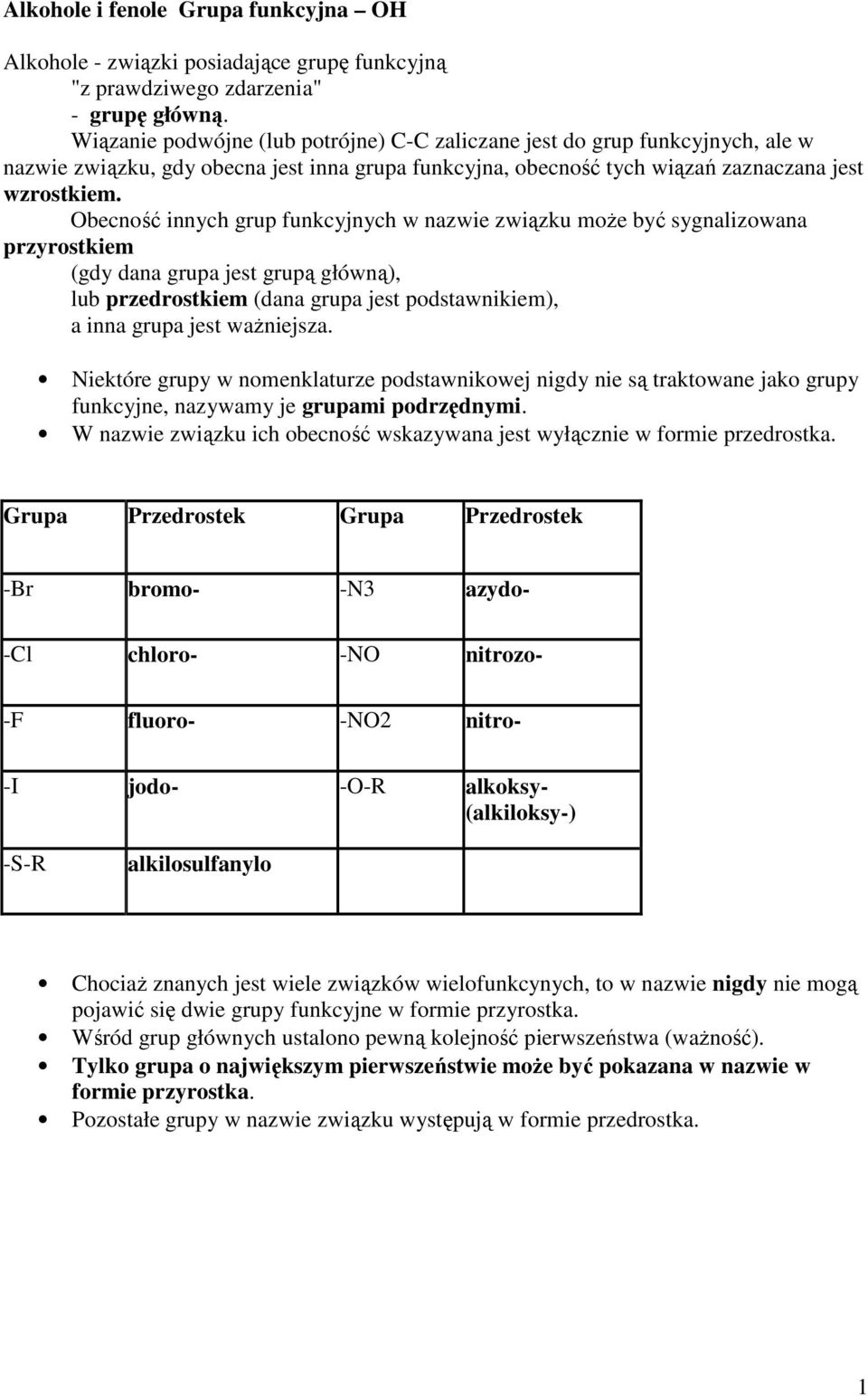 Obecność innych grup funkcyjnych w nazwie związku moŝe być sygnalizowana przyrostkiem (gdy dana grupa jest grupą główną), lub przedrostkiem (dana grupa jest podstawnikiem), a inna grupa jest