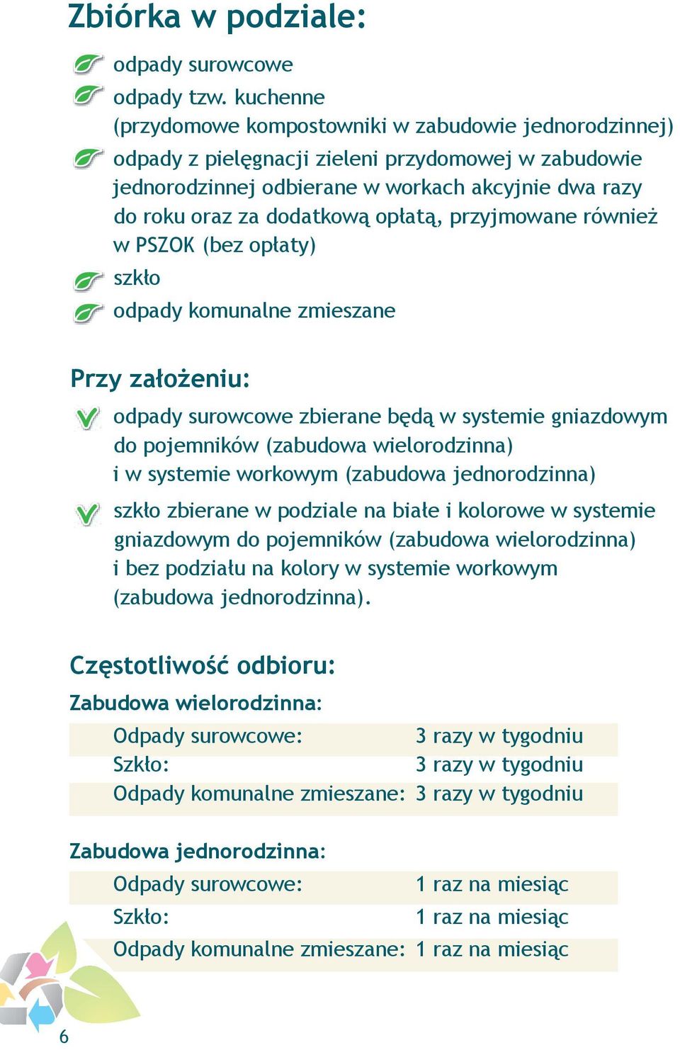 opłatą, przyjmowane również w PSZOK (bez opłaty) szkło odpady komunalne zmieszane Przy założeniu: odpady surowcowe zbierane będą w systemie gniazdowym do pojemników (zabudowa wielorodzinna) i w