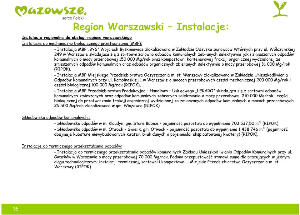 Wólczyńskiej 249 w Warszawie składająca się z sortowni zarówno odpadów komunalnych zebranych selektywnie jak i zmieszanych odpadów komunalnych o mocy przerobowej 150 000 Mg/rok oraz kompostowni