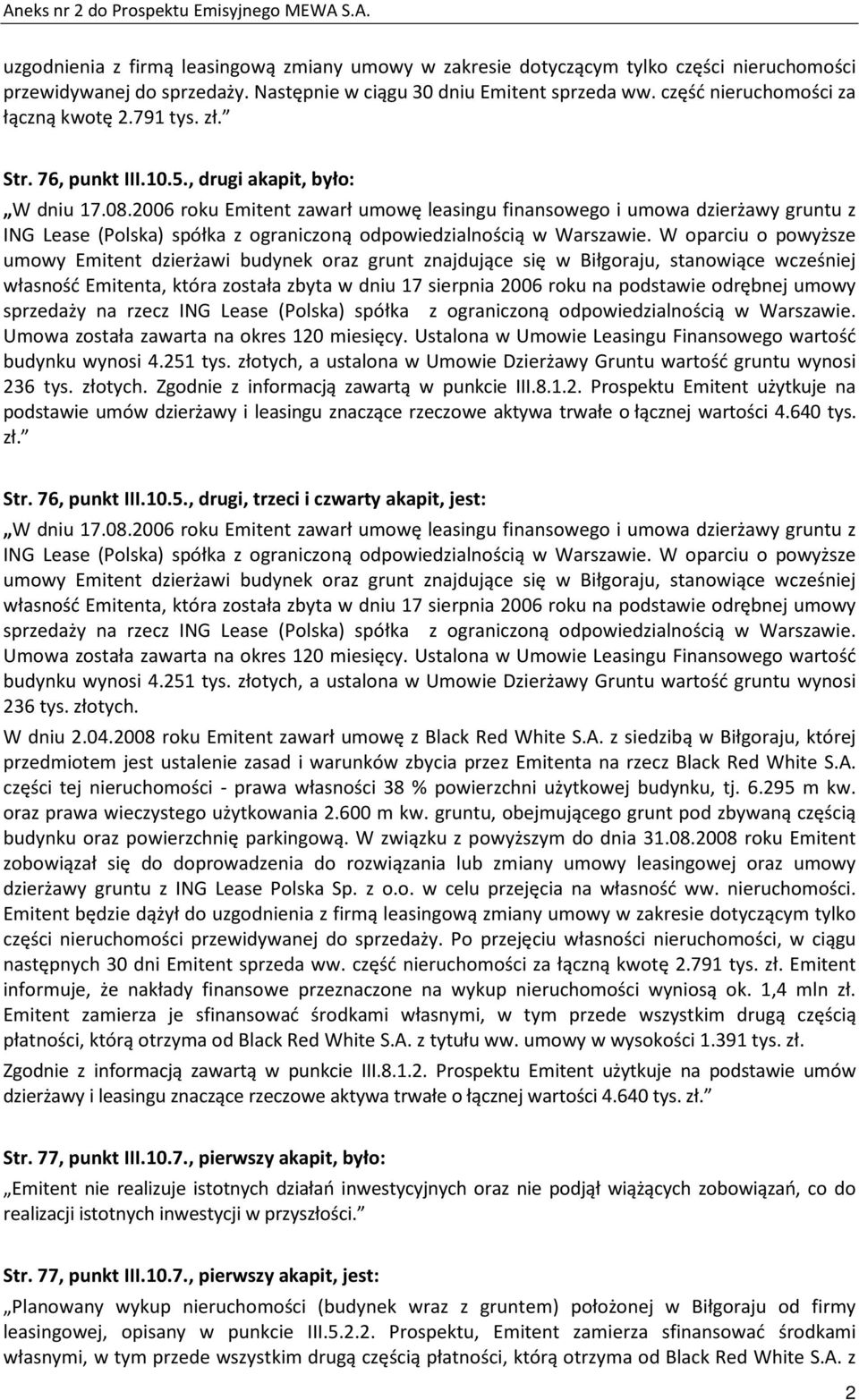 2006 roku Emitent zawarł umowę leasingu finansowego i umowa dzierżawy gruntu z ING Lease (Polska) spółka z ograniczoną odpowiedzialnością w Warszawie.