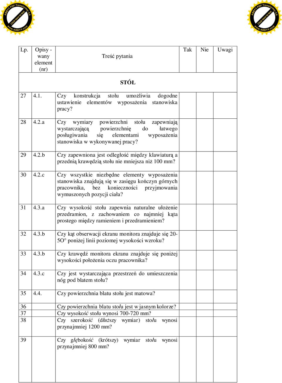 31 4.3.a Czy wysoko sto u zapewnia naturalne u enie przedramion, z zachowaniem co najmniej k ta prostego mi dzy ramieniem i przedramieniem? 32 4.3.b Czy k t obserwacji ekranu monitora znajduje si 20-5O poni ej linii poziomej wysoko ci wzroku?