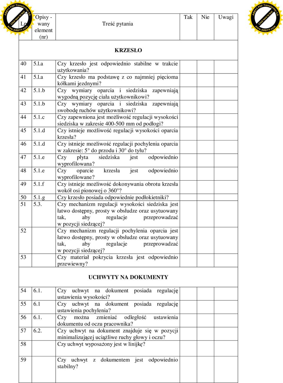 46 5.1.d Czy istnieje mo liwo regulacji pochylenia oparcia w zakresie: 5 do przodu i 30 do ty u? 47 5.1.e Czy p yta siedziska jest odpowiednio wyprofilowana? 48 5.1.e Czy oparcie krzes a jest odpowiednio wyprofilowane?