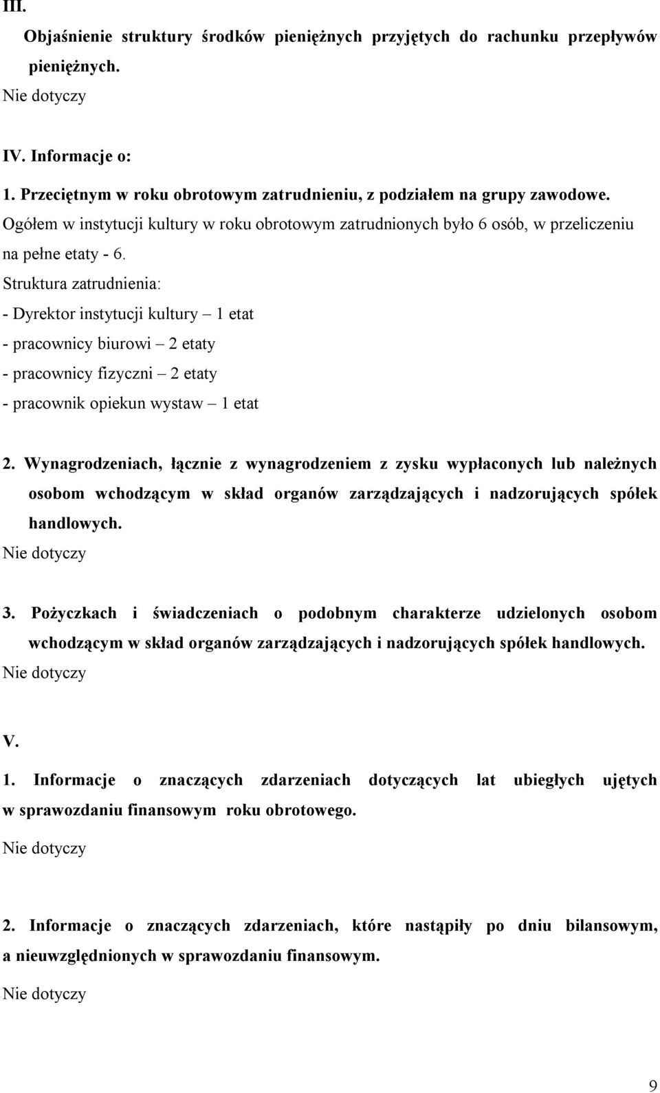 Struktura zatrudnienia: - Dyrektor instytucji kultury 1 etat - pracownicy biurowi 2 etaty - pracownicy fizyczni 2 etaty - pracownik opiekun wystaw 1 etat 2.