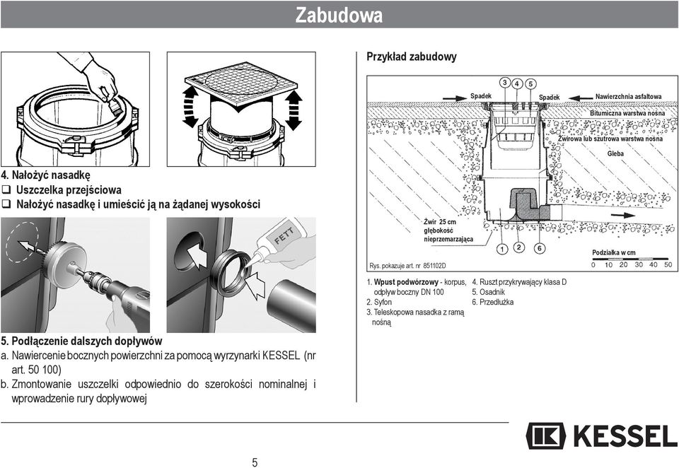 nr 851102D Podziałka w cm 5. Podłączenie dalszych dopływów a. Nawiercenie bocznych powierzchni za pomocą wyrzynarki KESSEL (nr art. 50 100) b.
