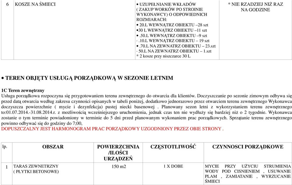 50. * kosze przy niszczarce 0 L * NIE RZADZIEJ NIś RAZ NA GODZINE TEREN OBJĘTY USŁUGĄ PORZĄDKOWĄ W SEZONIE LETNIM C Teren zewnętrzny Usługa porządkowa rozpoczyna się przygotowaniem terenu