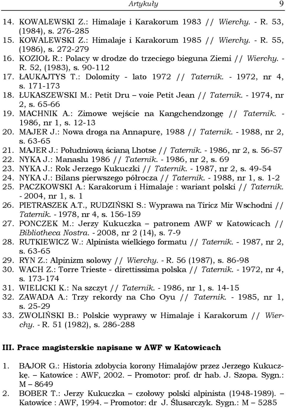 : Petit Dru voie Petit Jean // Taternik. - 1974, nr 2, s. 65-66 19. MACHNIK A.: Zimowe wejście na Kangchendzongę // Taternik. - 1986, nr 1, s. 12-13 20. MAJER J.