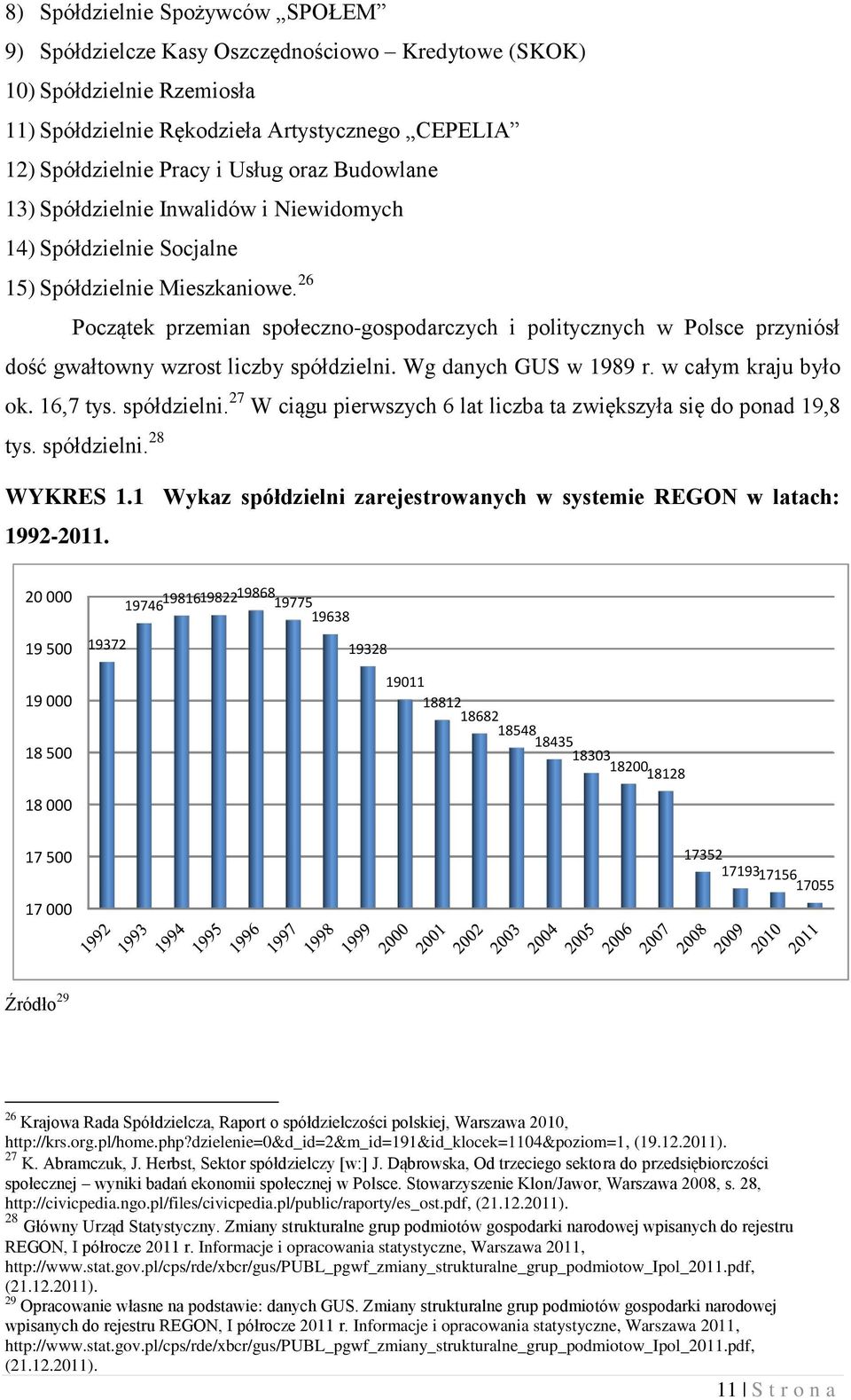 26 Początek przemian społeczno-gospodarczych i politycznych w Polsce przyniósł dość gwałtowny wzrost liczby spółdzielni. Wg danych GUS w 1989 r. w całym kraju było ok. 16,7 tys. spółdzielni. 27 W ciągu pierwszych 6 lat liczba ta zwiększyła się do ponad 19,8 tys.