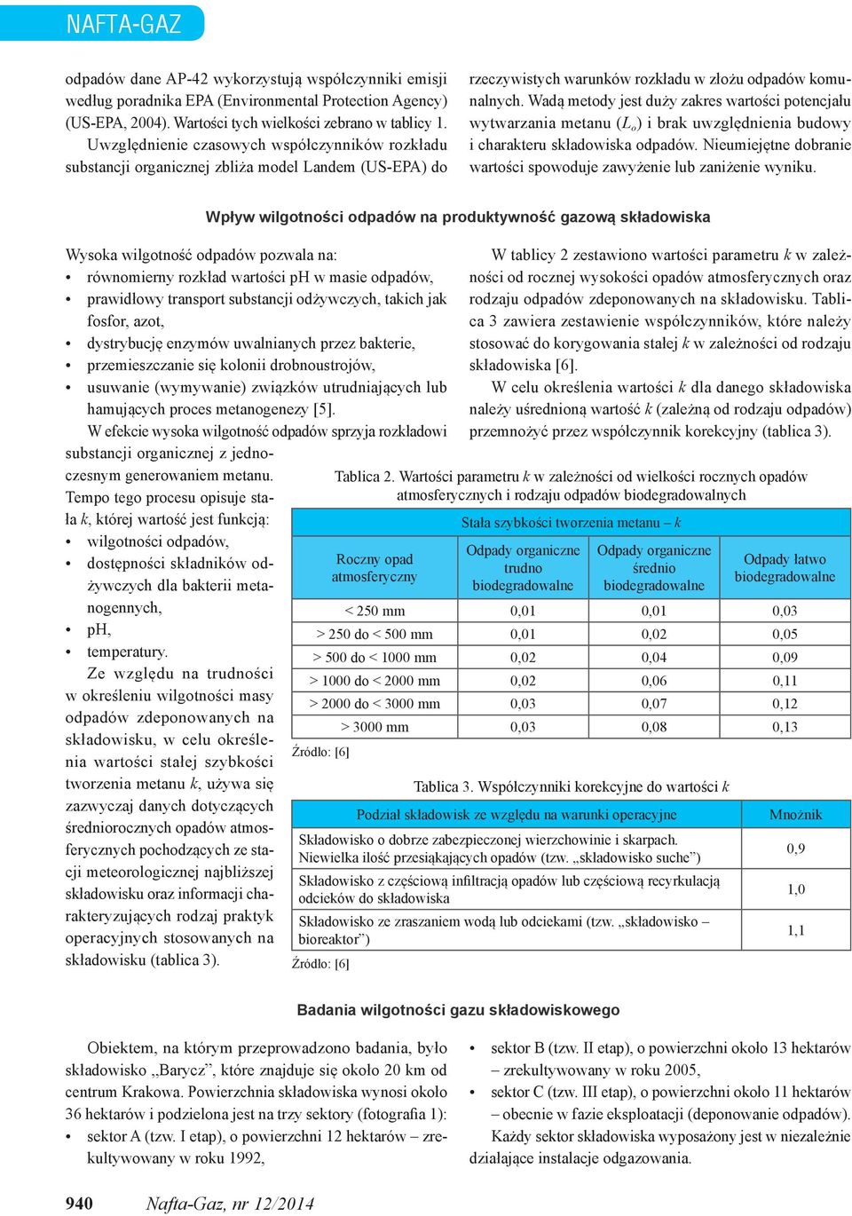 Wadą metody jest duży zakres wartości potencjału wytwarzania metanu (L o ) i brak uwzględnienia budowy i charakteru składowiska odpadów.