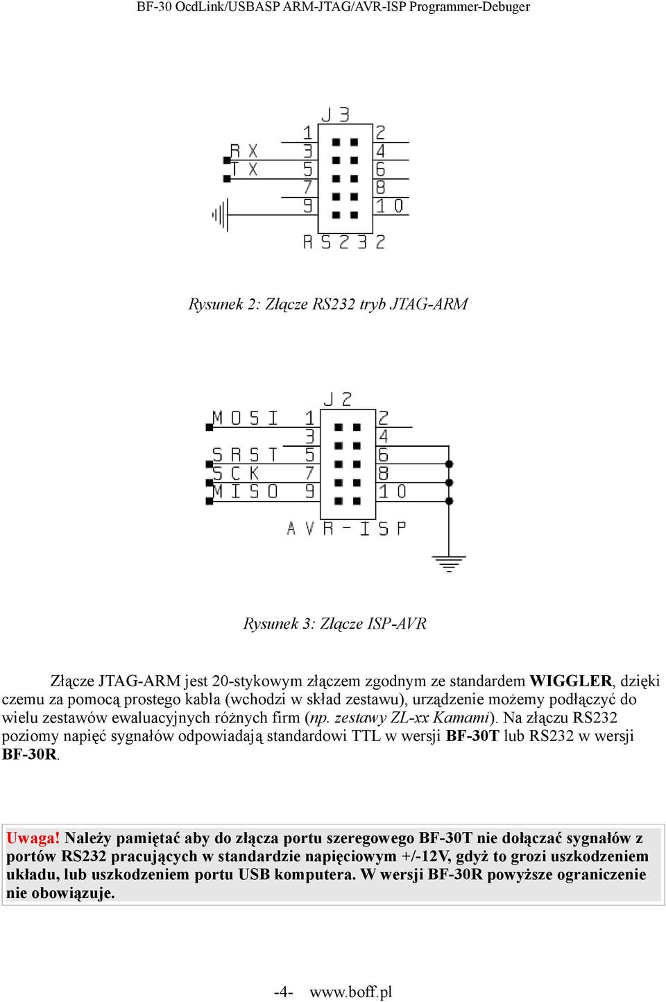 Na złączu RS232 poziomy napięć sygnałów odpowiadają standardowi TTL w wersji BF-30T lub RS232 w wersji BF-30R. Uwaga!