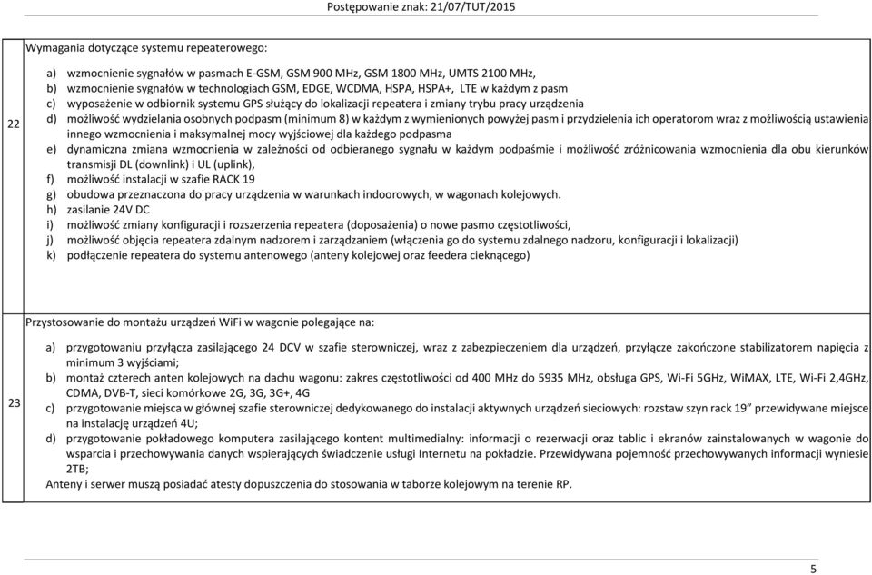 wymienionych powyżej pasm i przydzielenia ich operatorom wraz z możliwością ustawienia innego wzmocnienia i maksymalnej mocy wyjściowej dla każdego podpasma e) dynamiczna zmiana wzmocnienia w