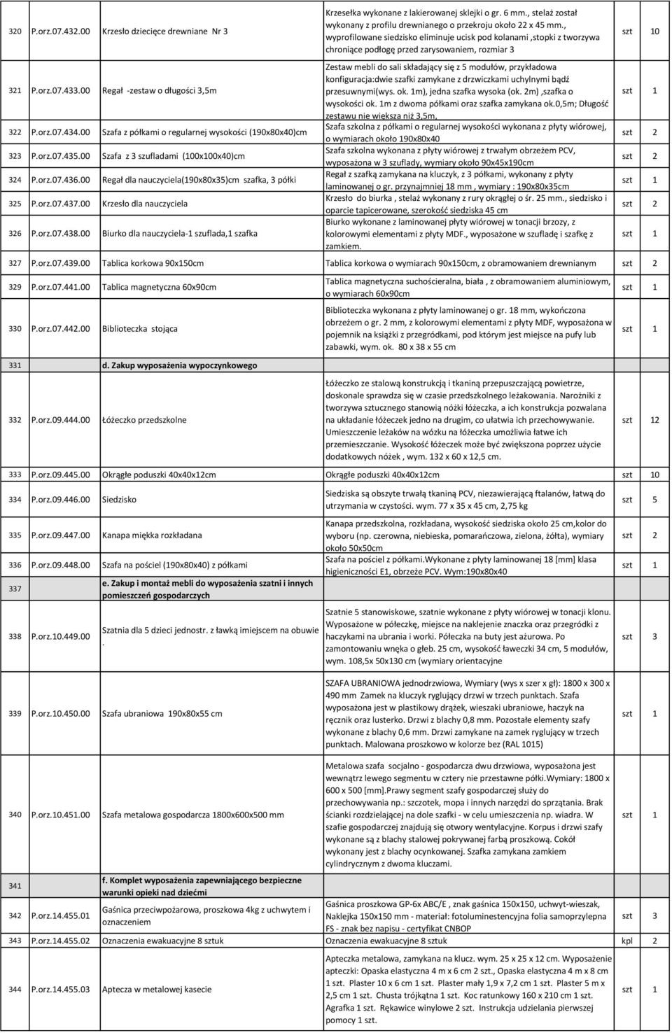 00 Szafa z półkami o regularnej wysokości (190x80x40)cm 323 P.orz.07.435.00 Szafa z 3 szufladami (100x100x40)cm 324 P.orz.07.436.00 Regał dla nauczyciela(190x80x35)cm szafka, 3 półki 325 P.orz.07.437.