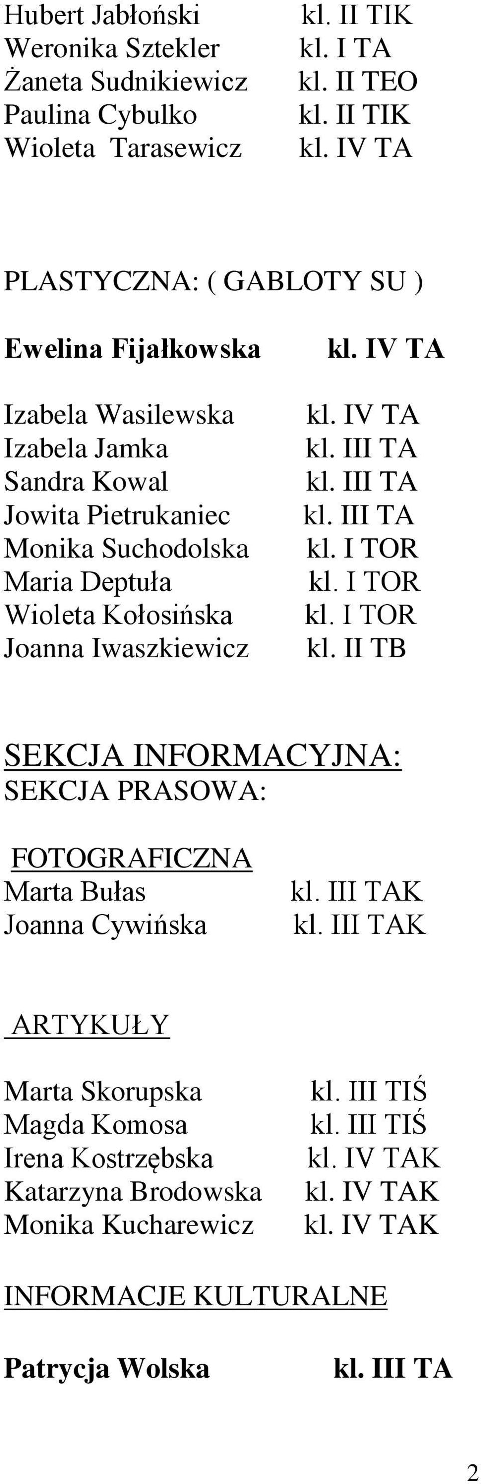 Suchodolska Maria Deptuła Wioleta Kołosińska Joanna Iwaszkiewicz SEKCJA INFORMACYJNA: SEKCJA PRASOWA: FOTOGRAFICZNA Marta Bułas