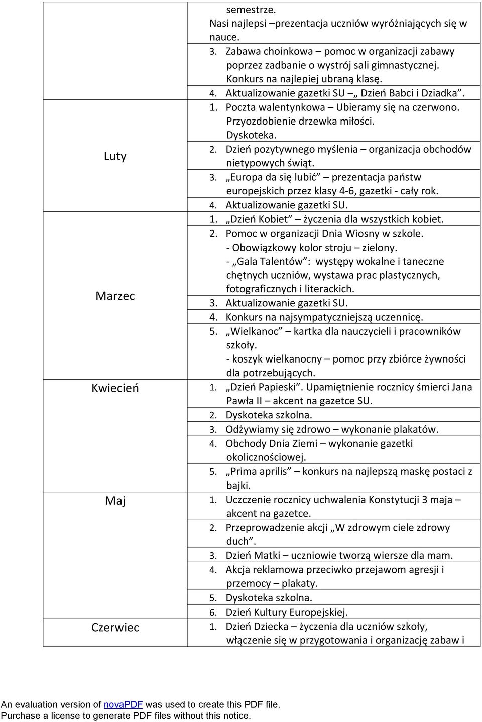 Dzień pozytywnego myślenia organizacja obchodów Luty nietypowych świąt. 3. Europa da się lubić prezentacja państw europejskich przez klasy 4-6, gazetki - cały rok. 4. Aktualizowanie gazetki SU. 1.