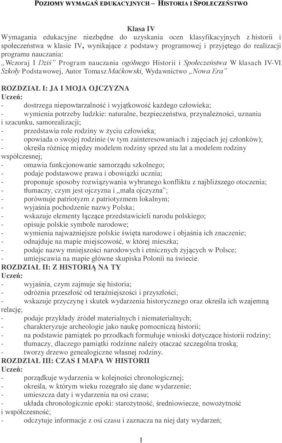 Nowa Era ROZDZIAŁ I: JA I MOJA OJCZYZNA - dostrzega niepowtarzalność i wyjątkowość każdego człowieka; - wymienia potrzeby ludzkie: naturalne, bezpieczeństwa, przynależności, uznania i szacunku,