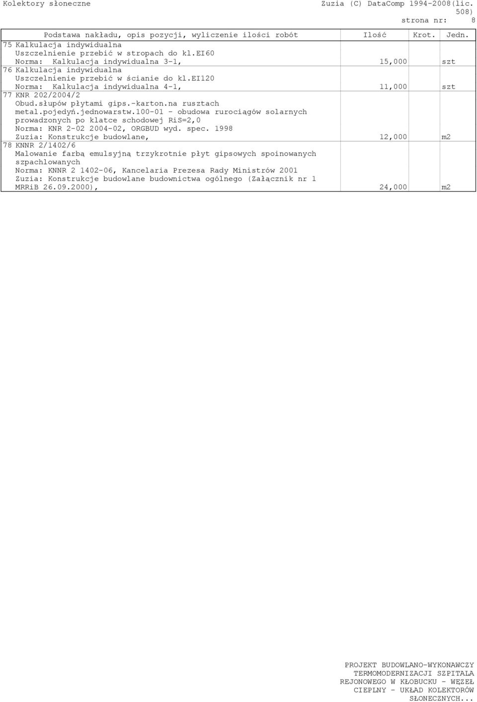 ei120 Norma: Kalkulacja indywidualna 4-1, 11,000 szt 77 KNR 202/2004/2 Obud.słupów płytami gips.-karton.na rusztach metal.pojedyń.jednowarstw.