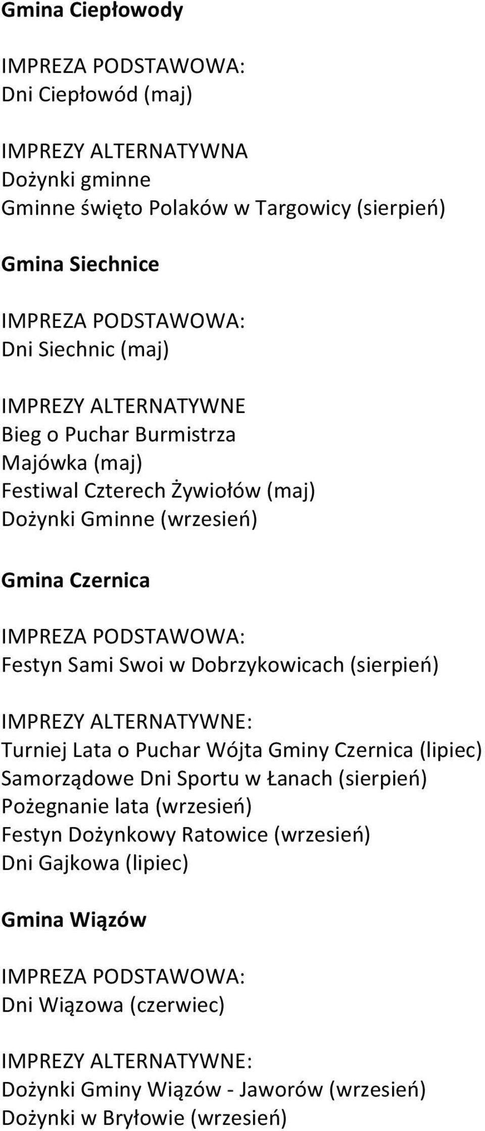 Dobrzykowicach (sierpień) Turniej Lata o Puchar Wójta Gminy Czernica (lipiec) Samorządowe Dni Sportu w Łanach (sierpień) Pożegnanie lata (wrzesień) Festyn