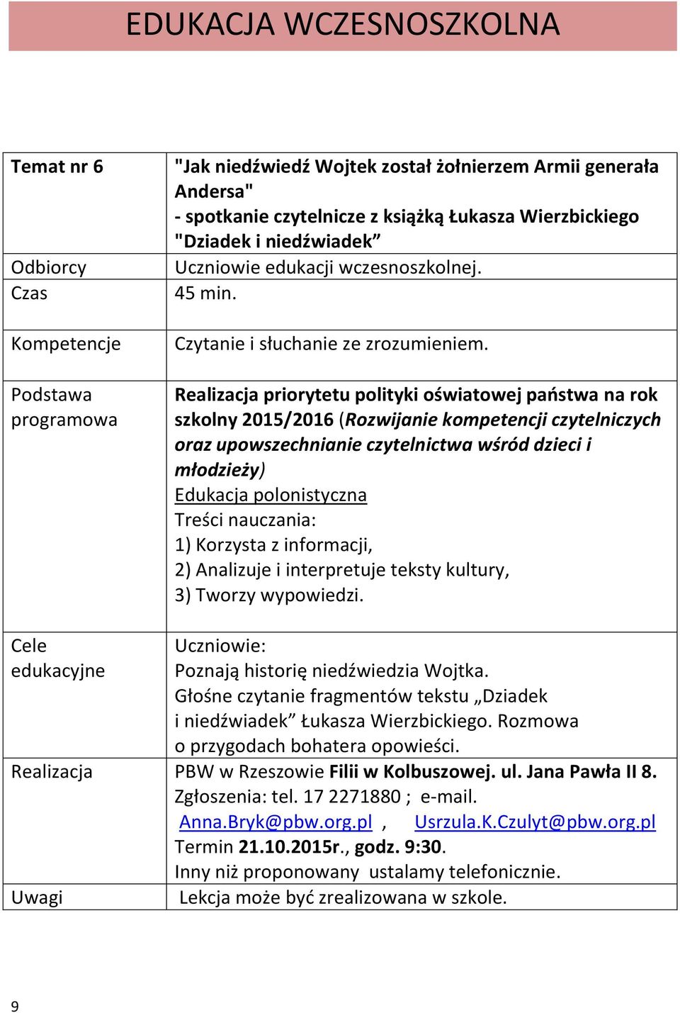 Realizacja priorytetu polityki oświatowej państwa na rok szkolny 2015/2016 (Rozwijanie kompetencji czytelniczych oraz upowszechnianie czytelnictwa wśród dzieci i młodzieży) Edukacja polonistyczna