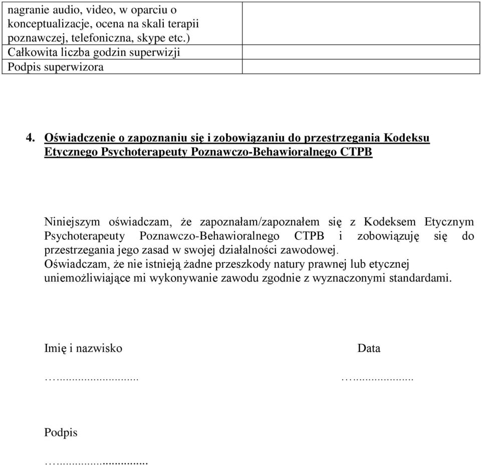 zapoznałam/zapoznałem się z Kodeksem Etycznym Psychoterapeuty Poznawczo-Behawioralnego CTPB i zobowiązuję się do przestrzegania jego zasad w swojej działalności