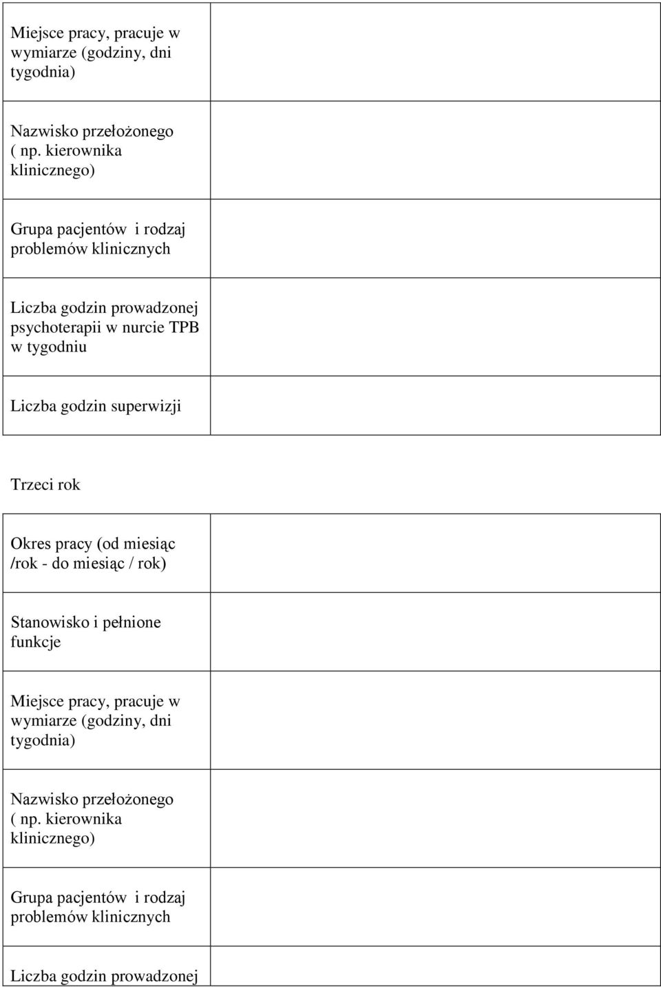 tygodniu Liczba godzin superwizji Trzeci rok Okres pracy (od miesiąc /rok - do miesiąc / rok) Stanowisko i pełnione funkcje 