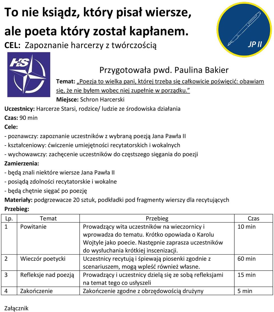 Miejsce: Schron Harcerski Uczestnicy: Harcerze Starsi, rodzice/ ludzie ze środowiska działania Czas: 90 min Cele: - poznawczy: zapoznanie uczestników z wybraną poezją Jana Pawła II - kształceniowy:
