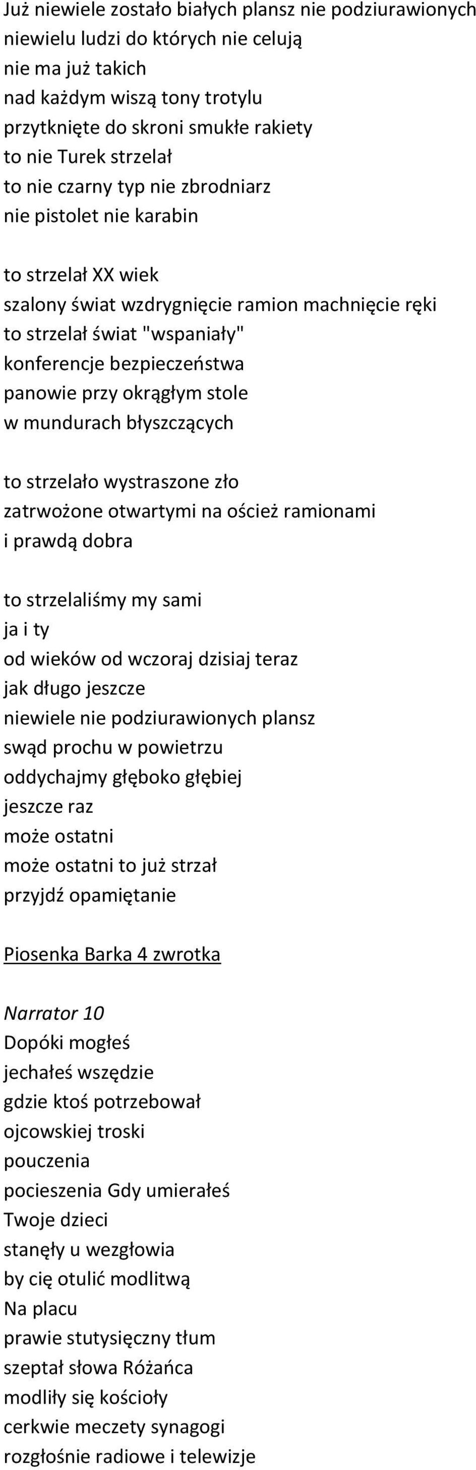 okrągłym stole w mundurach błyszczących to strzelało wystraszone zło zatrwożone otwartymi na oścież ramionami i prawdą dobra to strzelaliśmy my sami ja i ty od wieków od wczoraj dzisiaj teraz jak