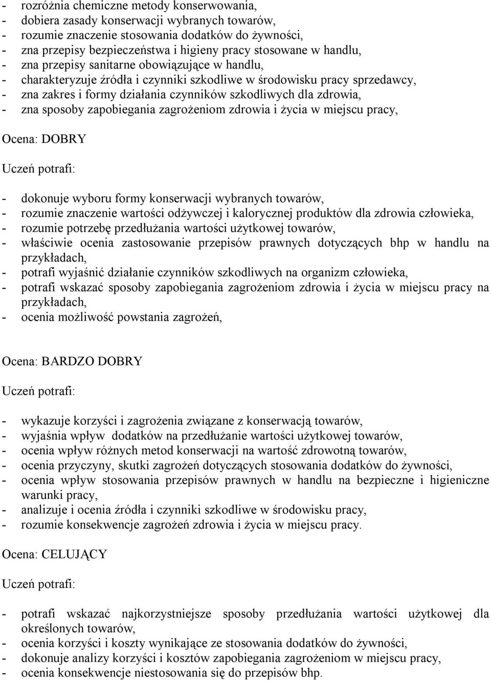 dla zdrowia, - zna sposoby zapobiegania zagrożeniom zdrowia i życia w miejscu pracy, Ocena: DOBRY - dokonuje wyboru formy konserwacji wybranych towarów, - rozumie znaczenie wartości odżywczej i