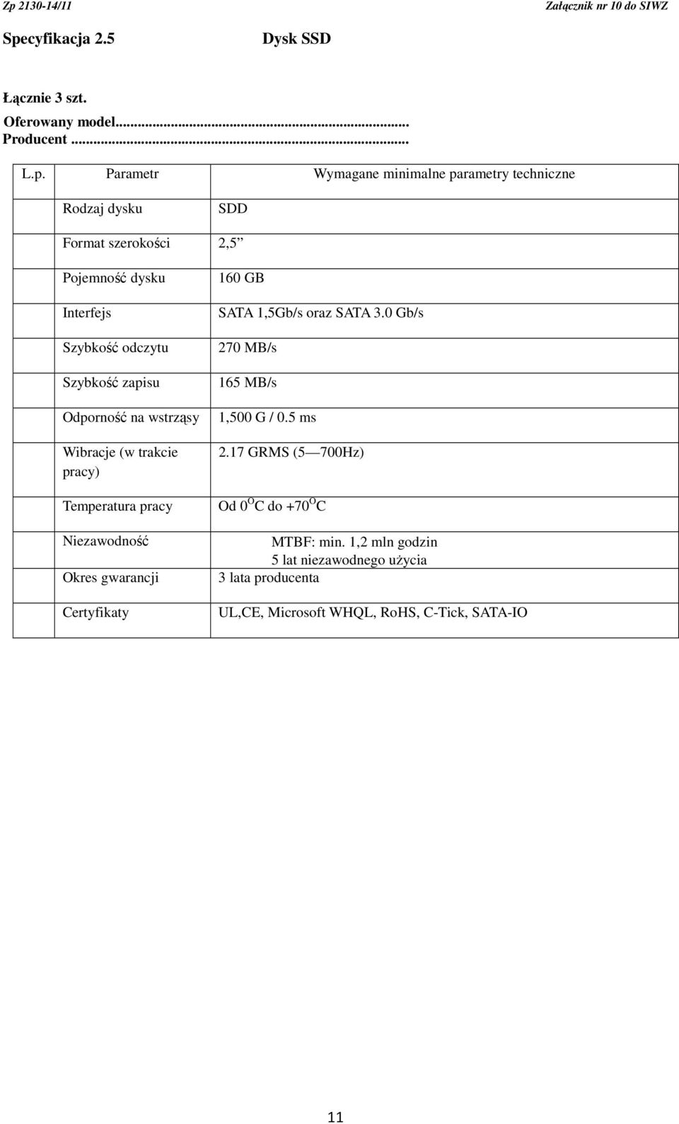 Temperatura pracy Niezawodność Okres gwarancji Certyfikaty 160 GB SATA 1,5Gb/s oraz SATA 3.0 Gb/s 270 MB/s 165 MB/s 1,500 G / 0.5 ms 2.