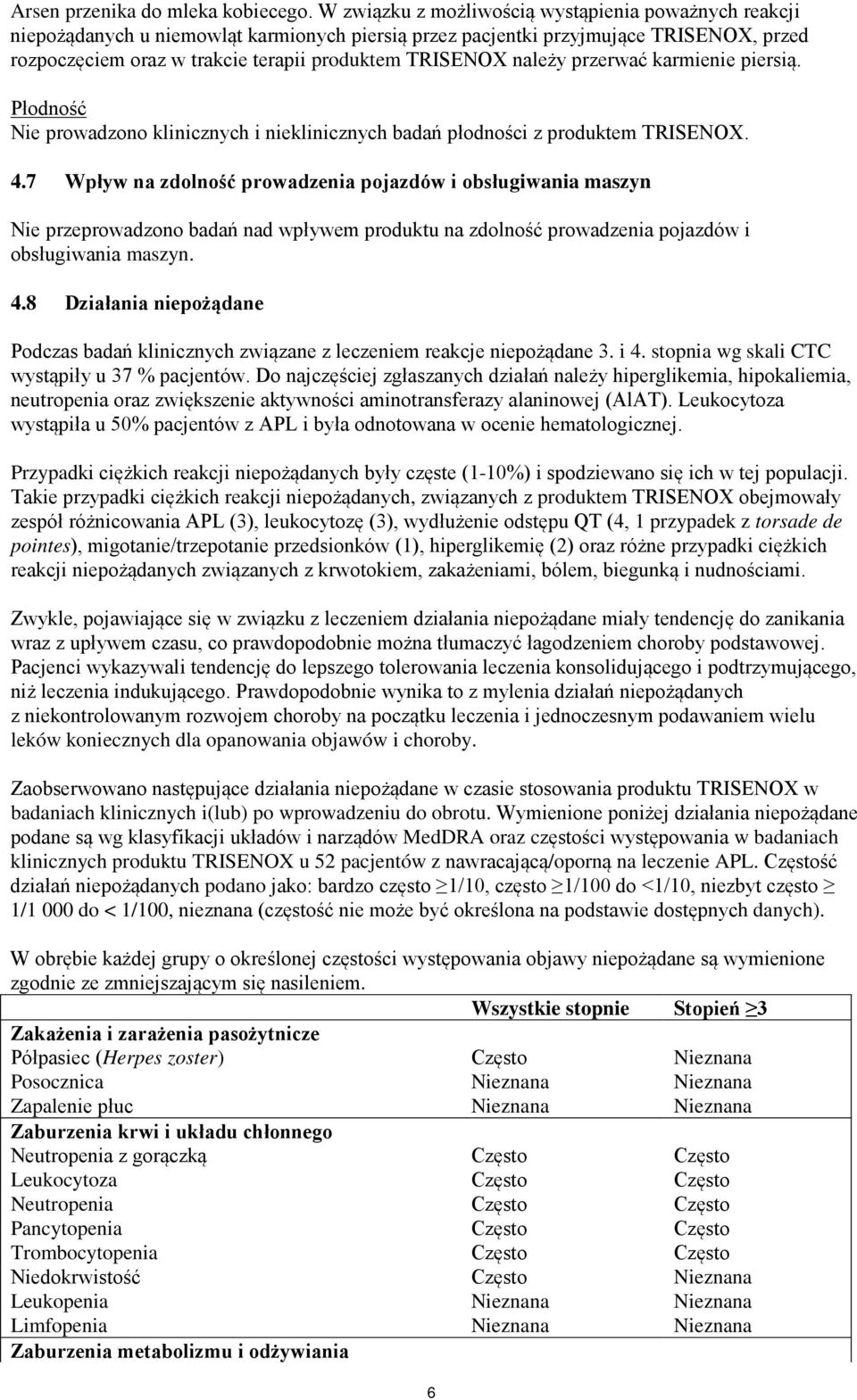 należy przerwać karmienie piersią. Płodność Nie prowadzono klinicznych i nieklinicznych badań płodności z produktem TRISENOX. 4.