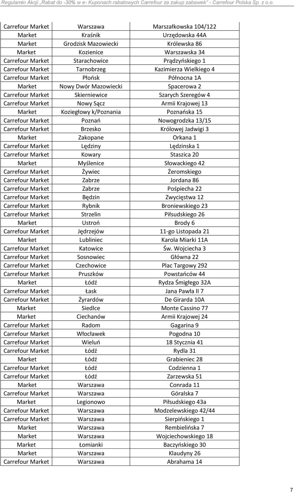Sącz Armii Krajowej 13 Market Koziegłowy k/poznania Poznańska 15 Carrefour Market Poznań Nowogrodzka 13/15 Carrefour Market Brzesko Królowej Jadwigi 3 Market Zakopane Orkana 1 Carrefour Market