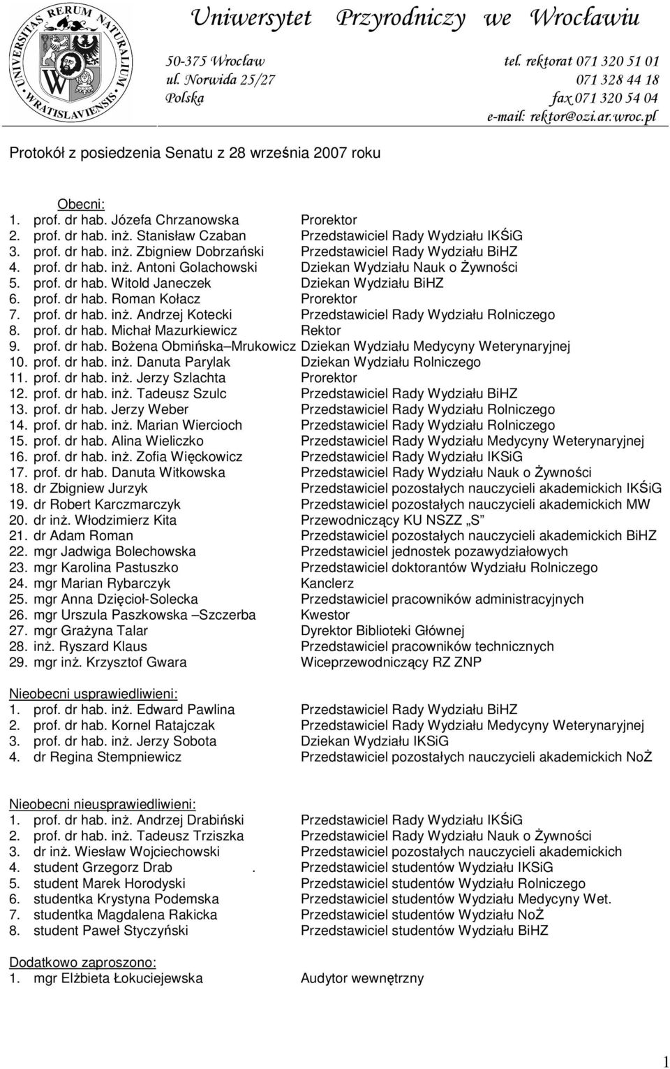 prof. dr hab. inż. Antoni Golachowski Dziekan Wydziału Nauk o Żywności 5. prof. dr hab. Witold Janeczek Dziekan Wydziału BiHZ 6. prof. dr hab. Roman Kołacz Prorektor 7. prof. dr hab. inż. Andrzej Kotecki Przedstawiciel Rady Wydziału Rolniczego 8.