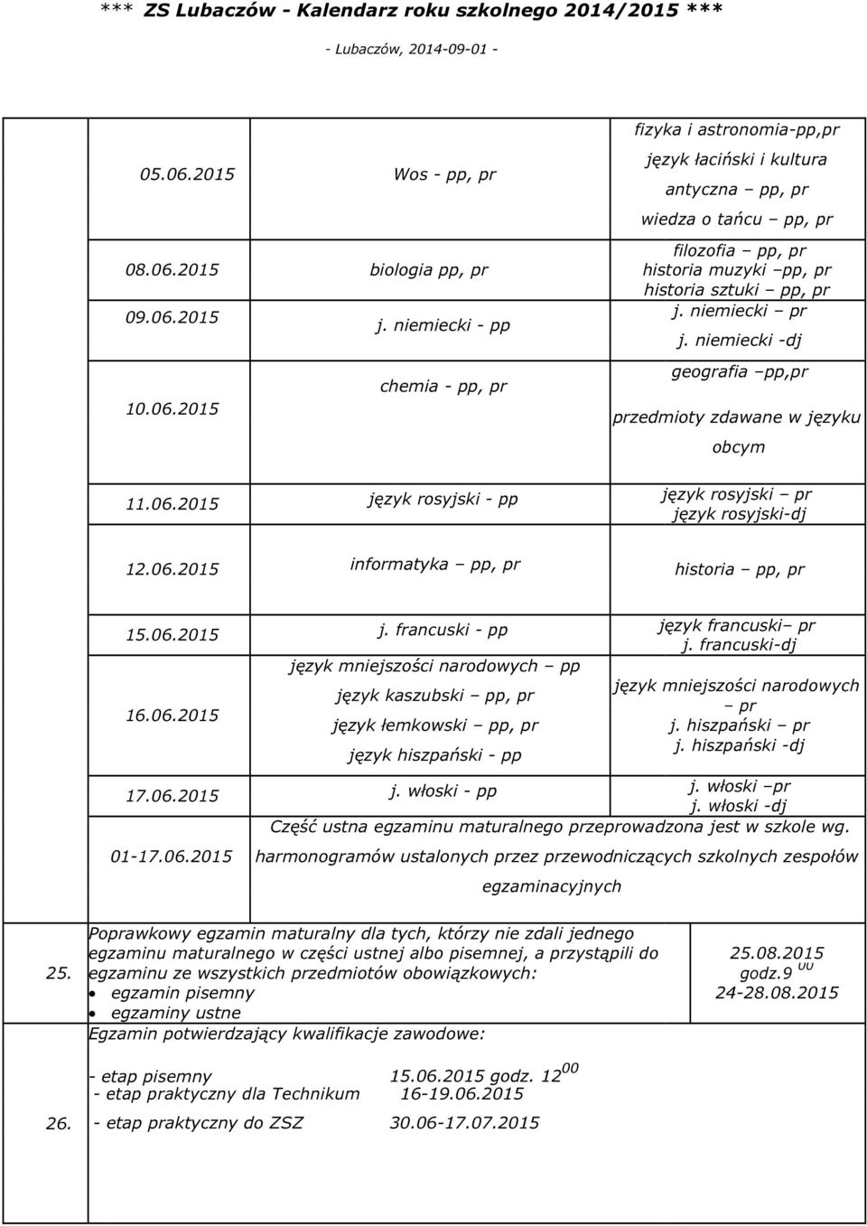 06.2015 informatyka pp, pr historia pp, pr 15.06.2015 j. francuski - pp język francuski pr j. francuski-dj język mniejszości narodowych pp język mniejszości narodowych język kaszubski pp, pr pr 16.06.2015 język łemkowski pp, pr j.