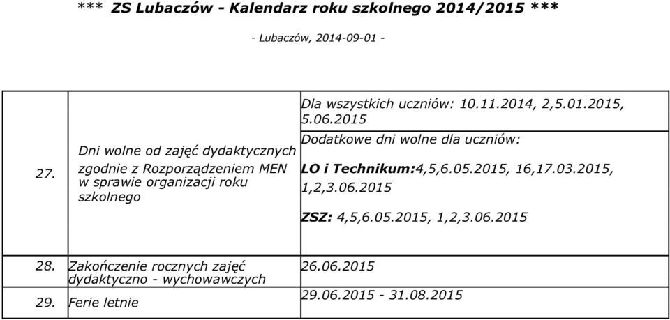 zgodnie z Rozporządzeniem MEN LO i Technikum:4,5,6.05.2015, 16,17.03.