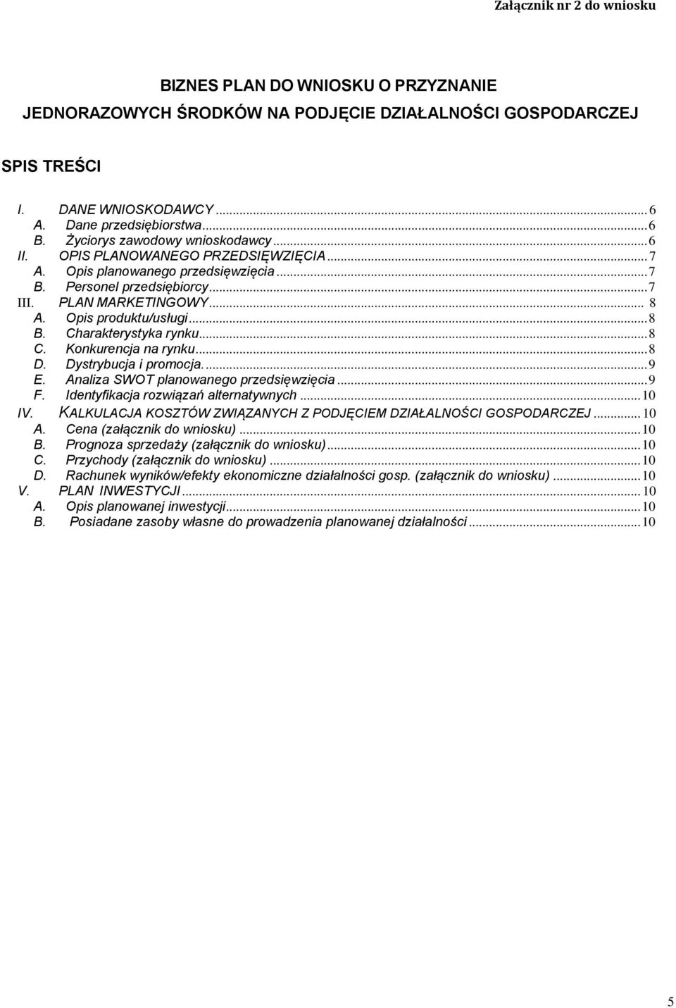 Opis produktu/usługi... 8 B. Charakterystyka rynku... 8 C. Konkurencja na rynku... 8 D. Dystrybucja i promocja.... 9 E. Analiza SWOT planowanego przedsięwzięcia... 9 F.