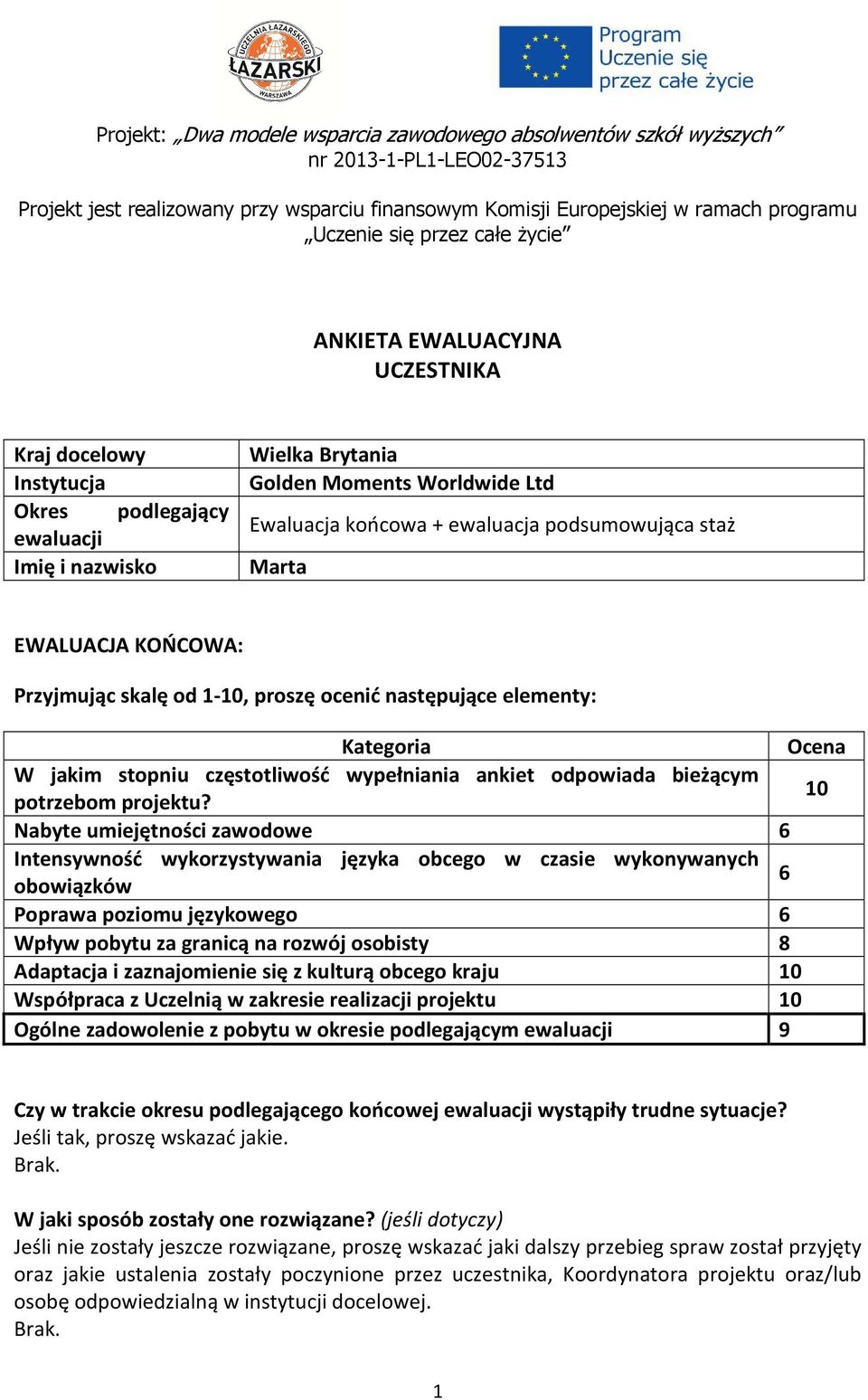 staż Marta EWALUACJA KOŃCOWA: Przyjmując skalę od 1-10, proszę ocenić następujące elementy: Kategoria Ocena W jakim stopniu częstotliwość wypełniania ankiet odpowiada bieżącym potrzebom projektu?