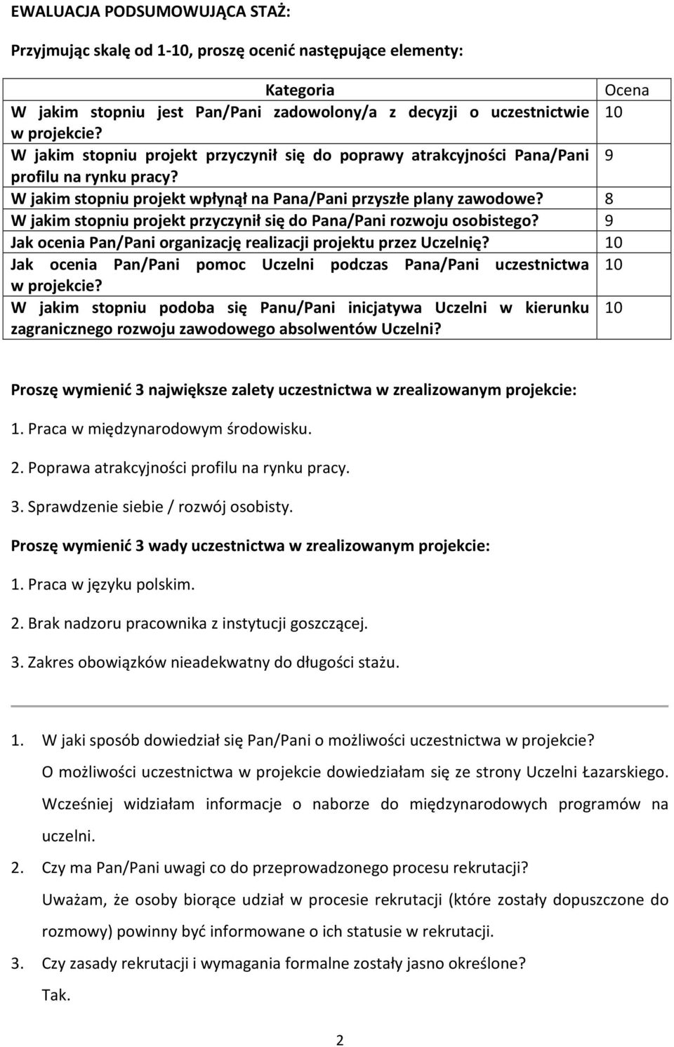 8 W jakim stopniu projekt przyczynił się do Pana/Pani rozwoju osobistego? 9 Jak ocenia Pan/Pani organizację realizacji projektu przez Uczelnię?