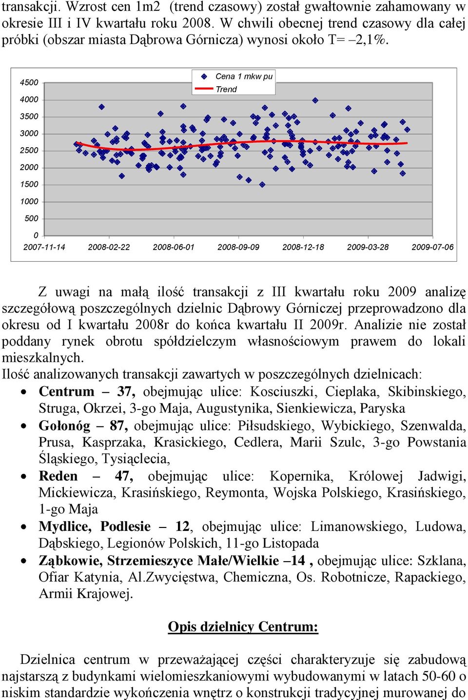 4500 4000 Cena 1 mkw pu Trend 3500 3000 2500 2000 1500 1000 500 0 2007-11-14 2008-02-22 2008-06-01 2008-09-09 2008-12-18 2009-03-28 2009-07-06 Z uwagi na małą ilość transakcji z III kwartału roku