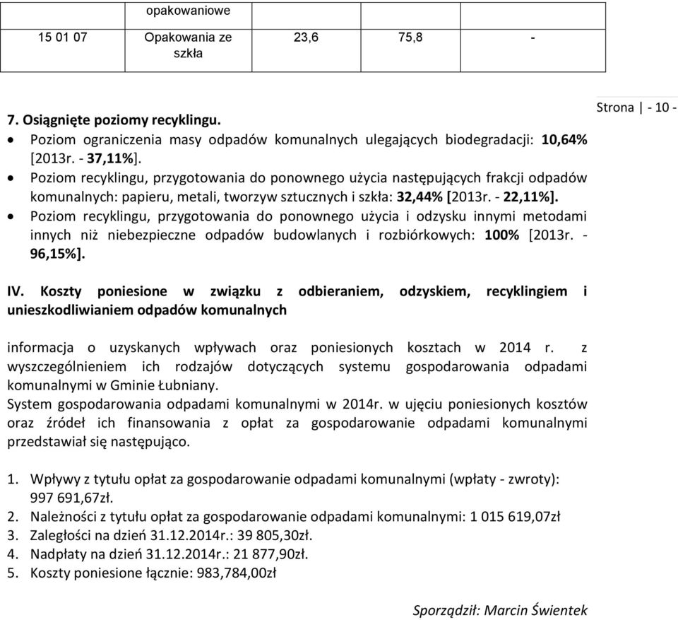 Poziom recyklingu, przygotowania do ponownego użycia i odzysku innymi metodami innych niż niebezpieczne odpadów budowlanych i rozbiórkowych: 100% [2013r. - 96,15%]. IV.