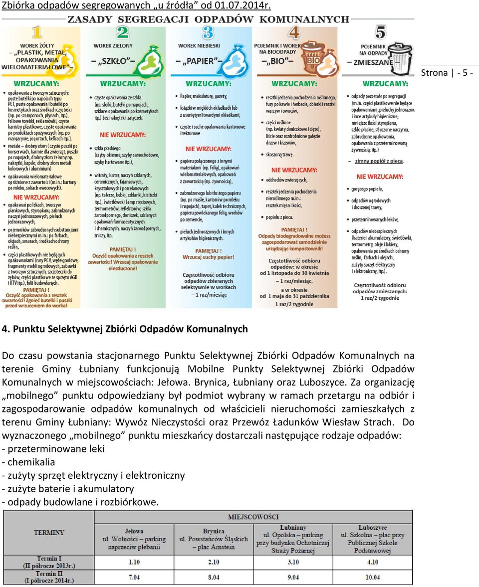 Odpadów Komunalnych w miejscowościach: Jełowa. Brynica, Łubniany oraz Luboszyce.